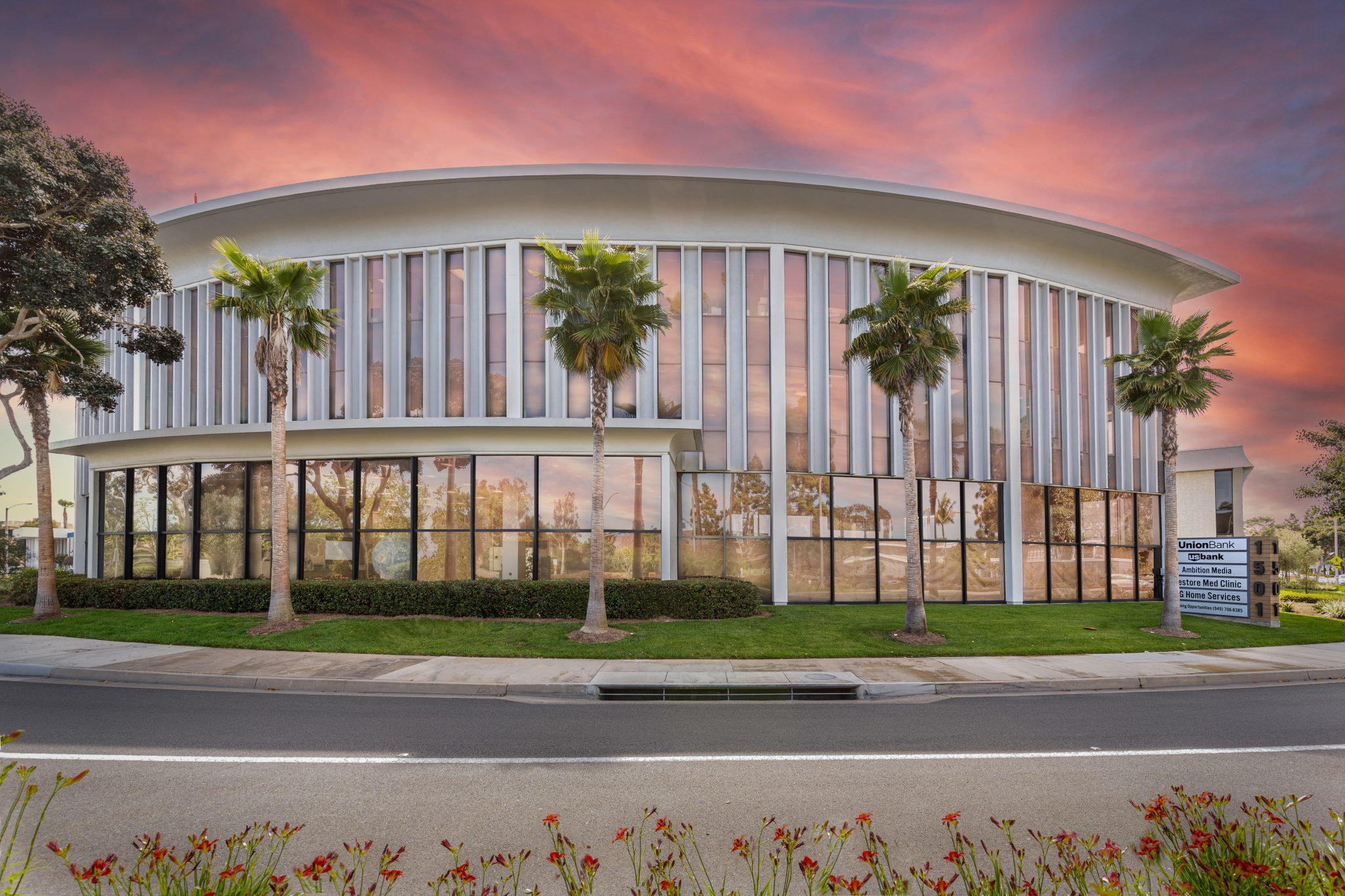 A multi-tenant office building in Orange County, California, managed by DMP Properties
